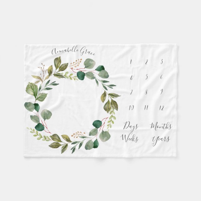 Eukalyptus Botanischer Wreath Monthly Baby Milesto Fleecedecke (Vorderseite (Horizontal))