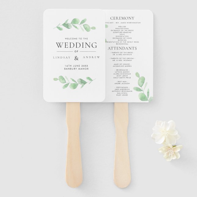 Eukalyptus Bough Wedding Program Hand Fan Fächer (Vorne und Hinten)