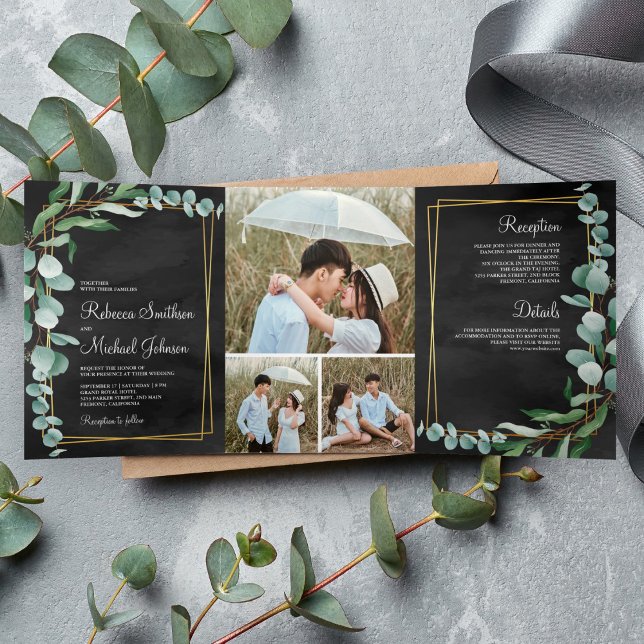 Eukalyptus Branch Black Gold Foto Collage Wedding Dreifach Gefaltete Einladung (Von Creator hochgeladen)