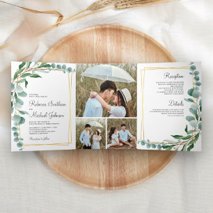 Eukalyptus Branch Gold Frame Foto Collage Wedding Dreifach Gefaltete Einladung