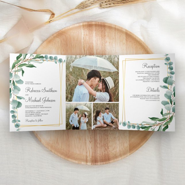 Eukalyptus Branch Gold Frame Foto Collage Wedding Dreifach Gefaltete Einladung (Von Creator hochgeladen)