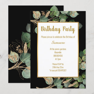 Eukalyptus Branch Green Gold Trim Birthday Einladung
