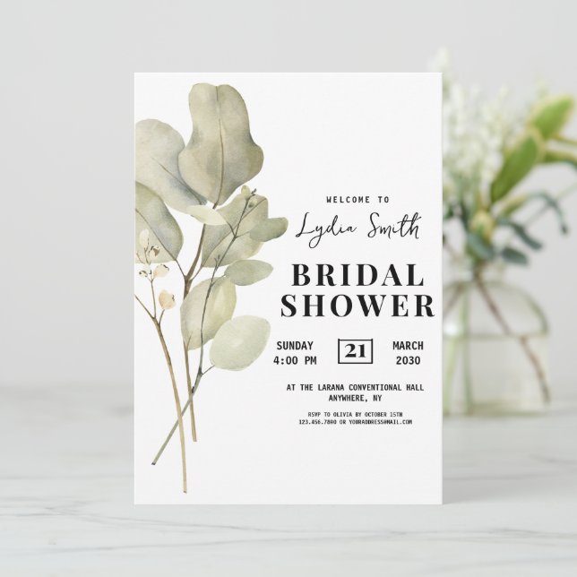 Eukalyptus Brautdusche Einladung, Blumenbridal Einladung (Stehend Vorderseite)