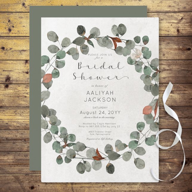 Eukalyptus-Brautparty grün und rost Einladung (Green & Rust Eucalyptus Modern Bridal Shower Invitation)