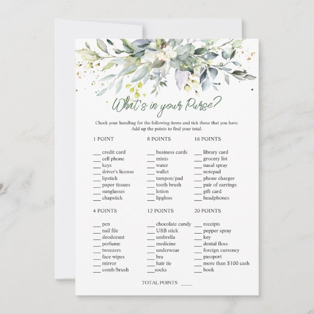 Eukalyptus Bridal Purse/Wedding Scramble Games Einladung (Vorderseite)