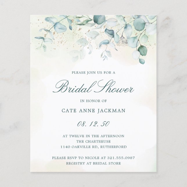 Eukalyptus Budget Bridal Dusche Einladung Flyer (Vorne)