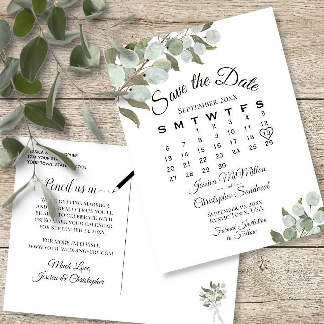 Eukalyptus Calendar White Wedding Save the Date Ankündigungspostkarte (Front and Back)