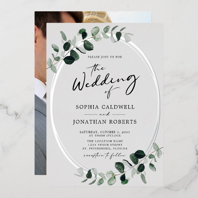 Eukalyptus Calligraphy Foto Wedding Silver Folieneinladung (Vorderseite/Rückseite)