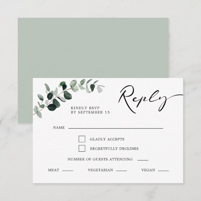 Eukalyptus Calligraphy Meal Choice Wedding RSVP Karte (Vorne/Hinten)