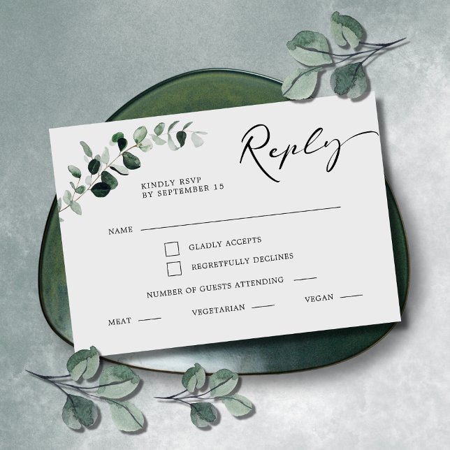 Eukalyptus Calligraphy Meal Choice Wedding RSVP Karte (Eucalyptus Greenery Modern Calligraphy Meal Choice RSVP Reply Wedding Enclosure Card)