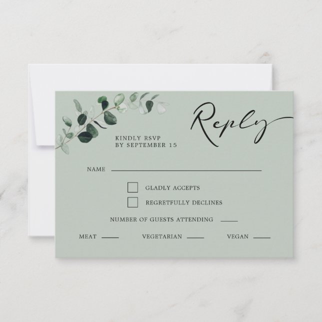 Eukalyptus Calligraphy Meals Sage Wedding RSVP Karte (Vorderseite)