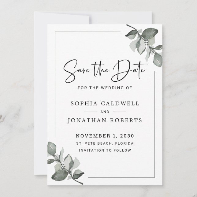Eukalyptus Calligraphy Minimalistisch botanisch Save The Date (Vorderseite)
