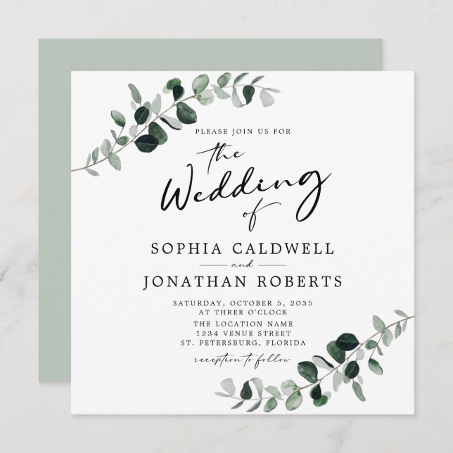 Eukalyptus Calligraphy QR Code Square Wedding Einladung (Vorne/Hinten)