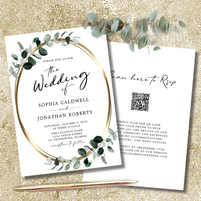 Eukalyptus Calligraphy QR Code UAWG Wedding Einladung (WeddingInvitation-QRCodeRSVP-EuclyptusGoldOvalWhite)