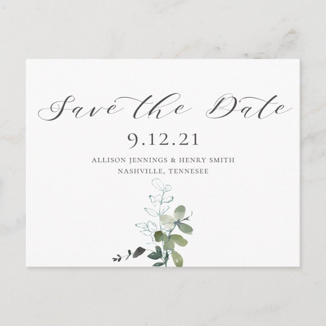 Eukalyptus Calligraphy Wedding Save the Date Ankündigungspostkarte (Vorderseite)