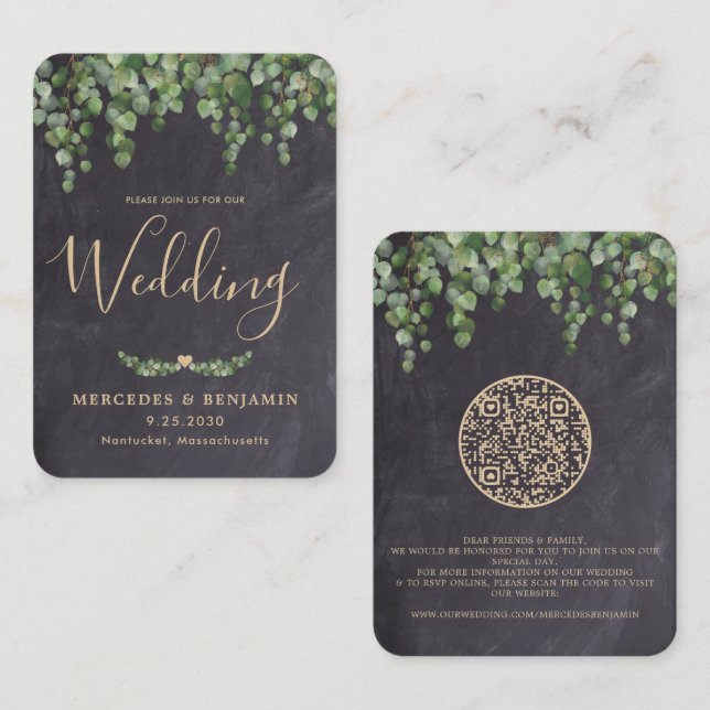 Eukalyptus Chalkboard QR Code Einladung Hochzeit (Vorne/Hinten)