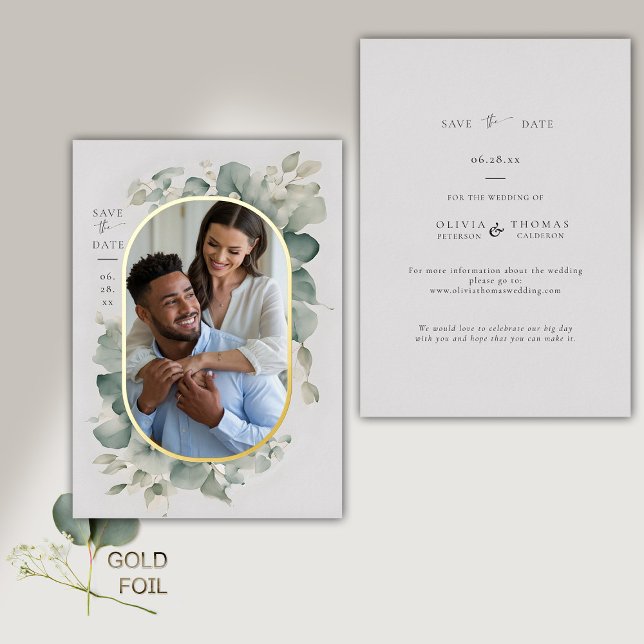 Eukalyptus Dreamy Gold Foto Wedding Save the Date Folieneinladung (modern minimalist simple wedding save the date typography calligraphy eucalyptus greenery gold frame)