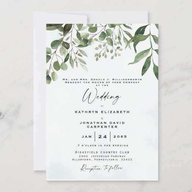 Eukalyptus-Drilling Elegant Watercolor Wedding I Einladung (Vorderseite)