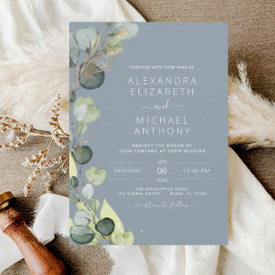 Eukalyptus Dusty Blue Sage Green Gold Wedding Einladung