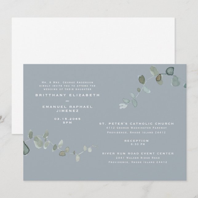 Eukalyptus Dusty Blue Zwei Orte Hochzeit Einladung (Vorne/Hinten)