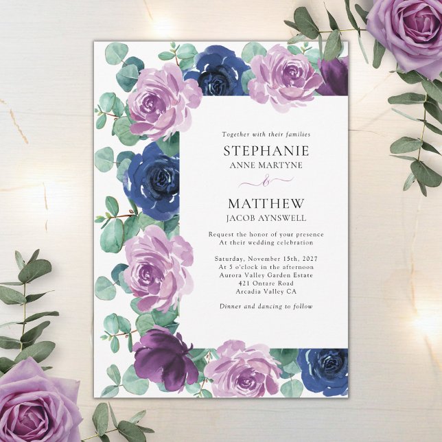 Eukalyptus Dusty Mauve Navy Blue Botanical Wedding Einladung (Von Creator hochgeladen)