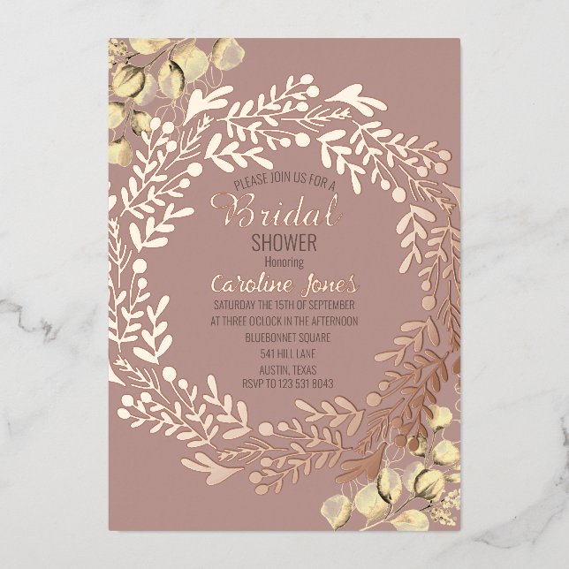 Eukalyptus Dusty Rose Pink Gold Foil Brautparty Folieneinladung (Vorderseite)