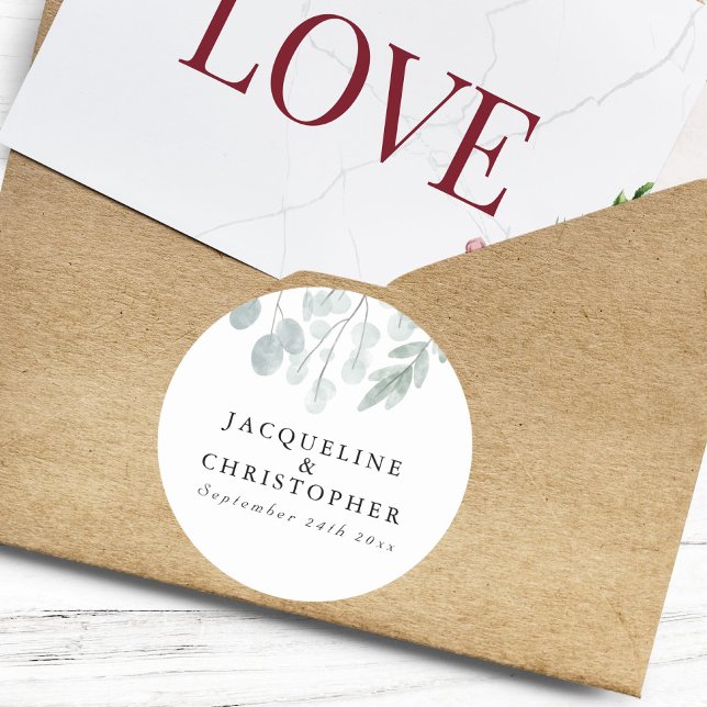 Eukalyptus Einfache Hochzeit mit blühenden Wasserf Runder Aufkleber (Von Creator hochgeladen)