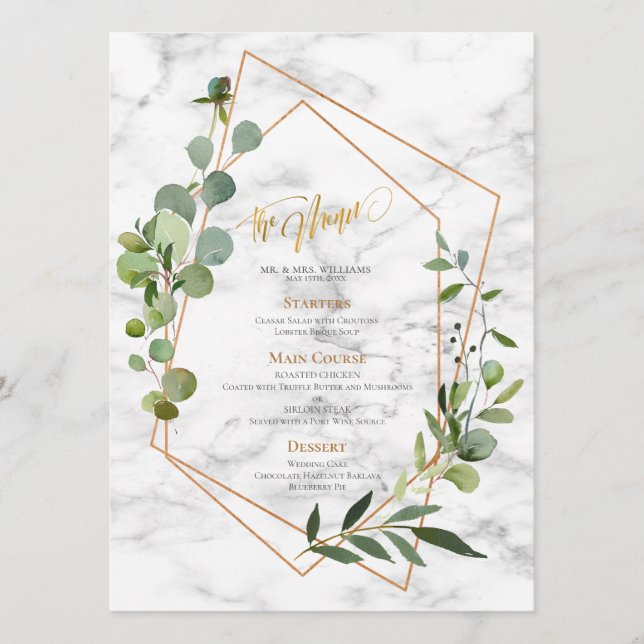 Eukalyptus-Elegante Hochzeit mit Kupfergeometrie Menükarte (Vorderseite)