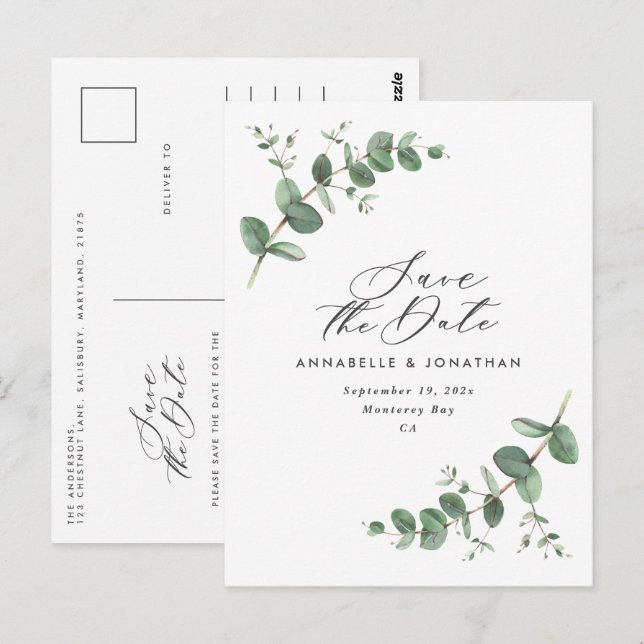 Eukalyptus elegante moderne Hochzeit speichern das Postkarte (Vorne/Hinten)