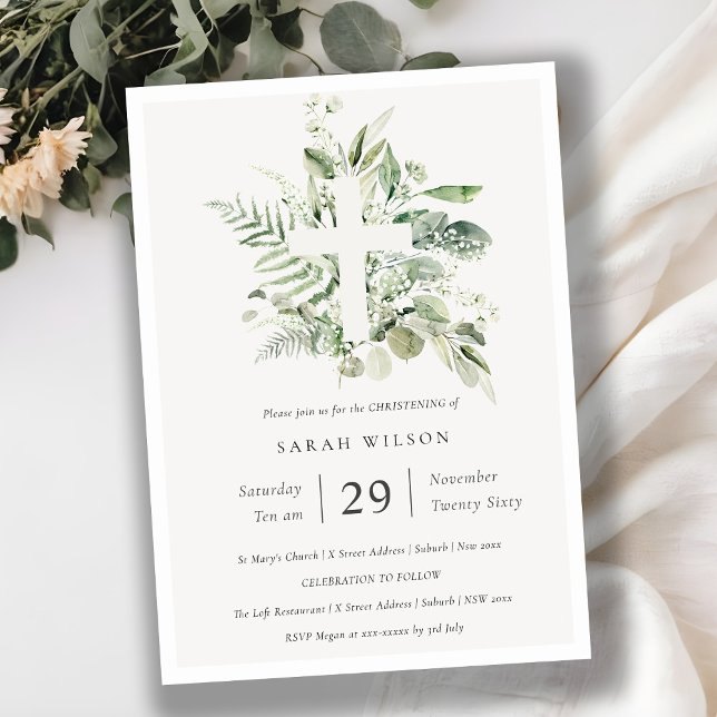 Eukalyptus Fern Foliage Cross Christening Einladun Dankeskarte (Von Creator hochgeladen)