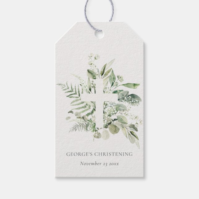Eukalyptus fern Foliage Cross Christening Geschenkanhänger (Vorderseite)