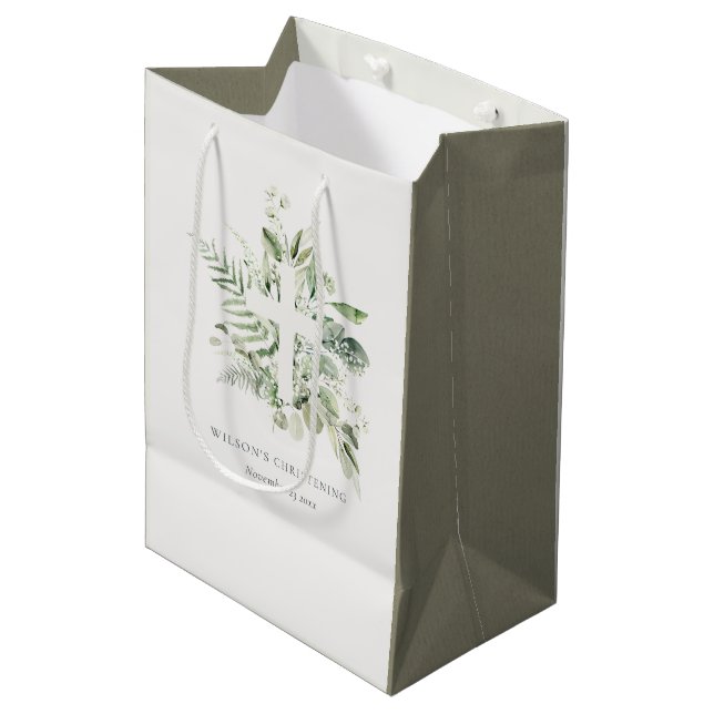 Eukalyptus fern Foliage Cross Christening Mittlere Geschenktüte (Vorderseite Schrägansicht)