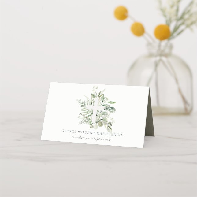 Eukalyptus fern Foliage Cross Christening Platzkarte (Vorderseite)