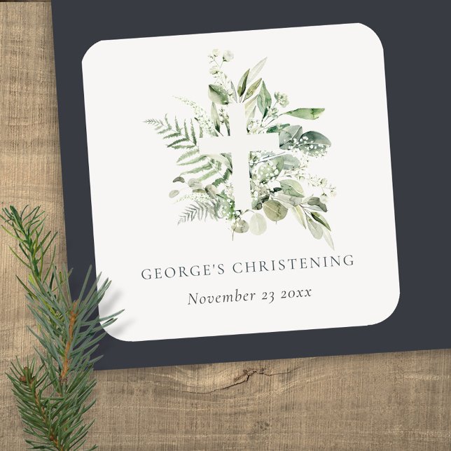Eukalyptus fern Foliage Cross Christening Quadratischer Aufkleber (Von Creator hochgeladen)
