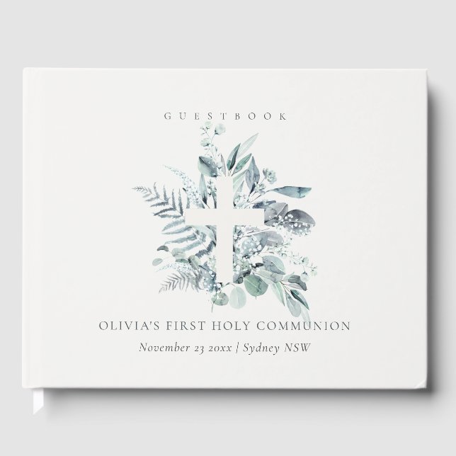 Eukalyptus Fern Foliage Cross Erste Heilige Kommun Gästebuch (Vorderseite)