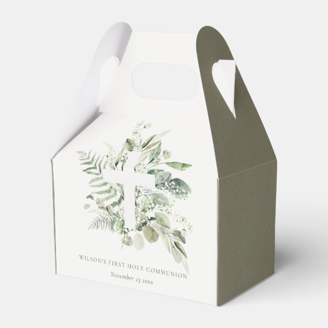 Eukalyptus Fern Foliage Cross Erste Heilige Kommun Geschenkschachtel (Vorderseite)