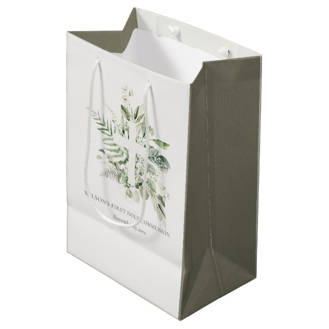 Eukalyptus Fern Foliage Cross Erste Heilige Kommun Mittlere Geschenktüte (Vorderseite Schrägansicht)