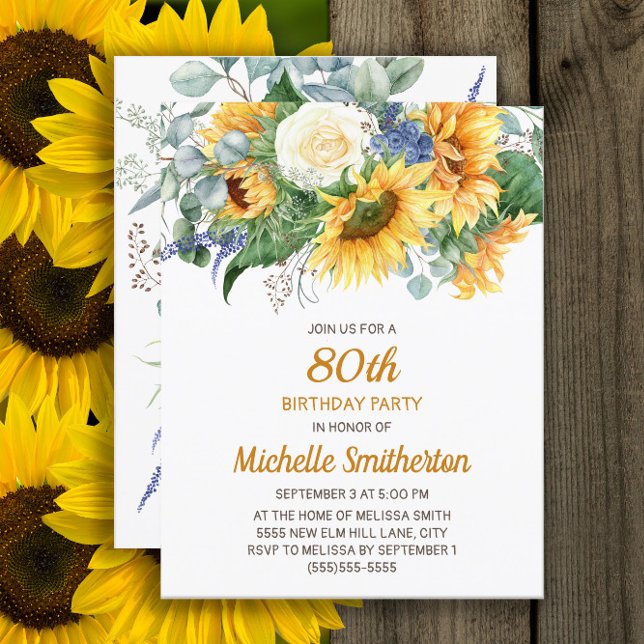 Eukalyptus floral 80. Geburtstag Karte (Sunflowers and eucalyptus 80th birthday party invitation)