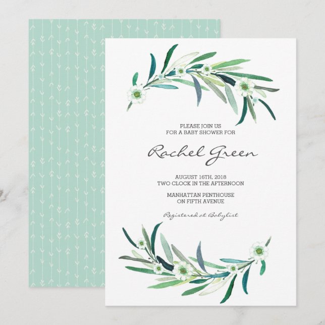 Eukalyptus floral Baby Dusche Einladung (Vorne/Hinten)