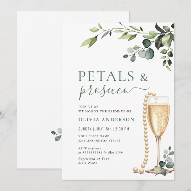 Eukalyptus Floral Brautparty PETALS & Prosecco Einladung (Vorne/Hinten)