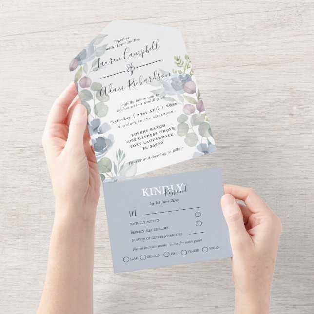 Eukalyptus floral Dusty Blue Wedding All In One Einladung (Abreißen)
