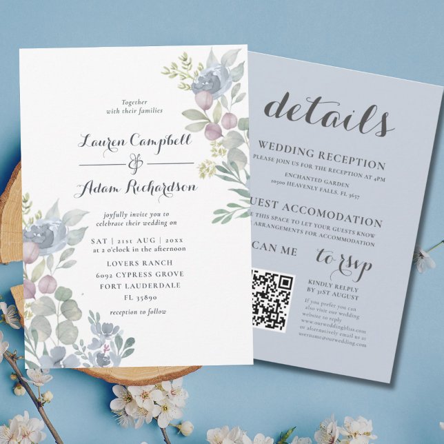 Eukalyptus Floral Dusty Blue Wedding Einladung (Von Creator hochgeladen)