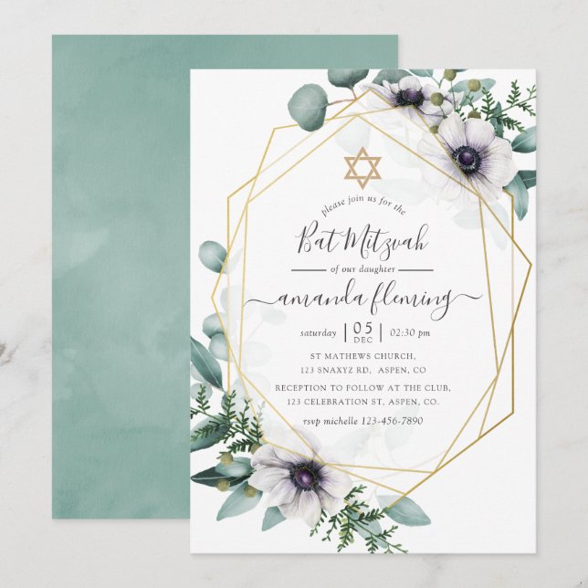 Eukalyptus Floral Geometric Bat Mitzvah Einladung (Vorne/Hinten)