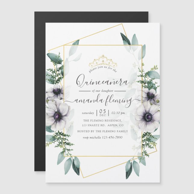 Eukalyptus Floral Geometric Quinceañera Magneteinladung (Vorne/Hinten)