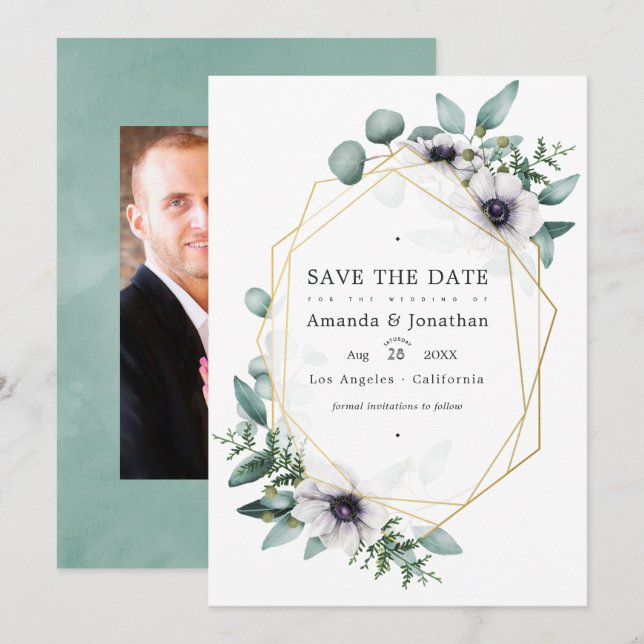 Eukalyptus Floral Geometric Wedding Foto Save The Date (Vorne/Hinten)