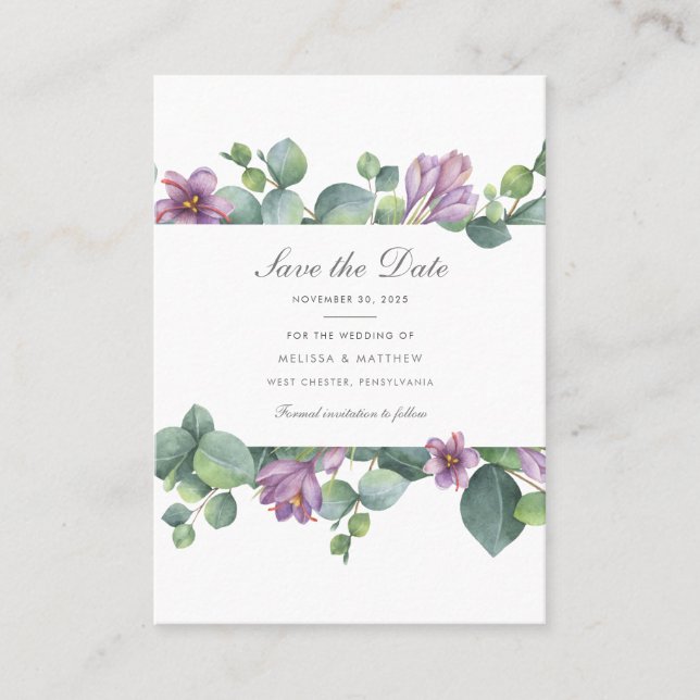Eukalyptus Floral Modern Save the Date Card Visitenkarte (Vorderseite)