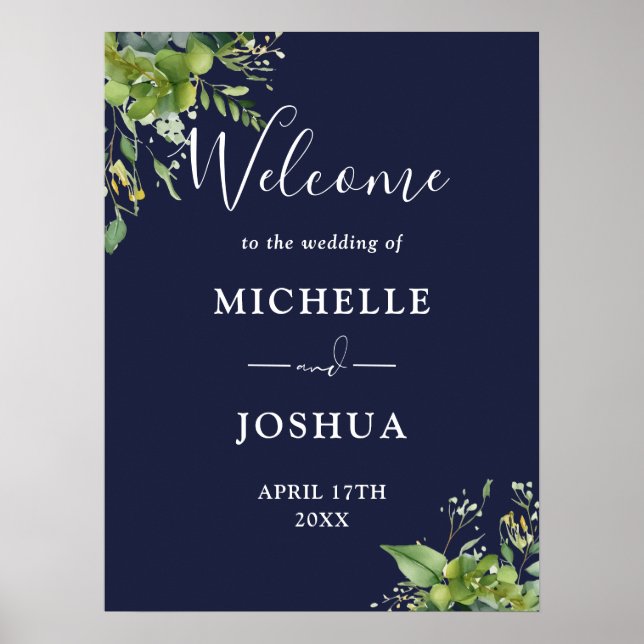 Eukalyptus Floral Navy Blue Wedding Willkommenszei Poster (Vorne)