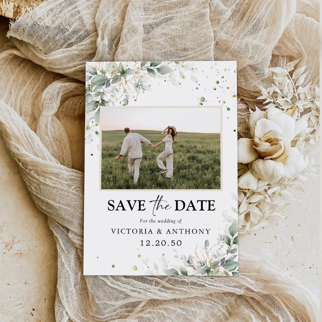 Eukalyptus Floral Save the Date mit Fotokarte (Von Creator hochgeladen)