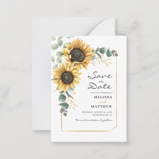 Eukalyptus floral Save the Date Sonnenblume Mitteilungskarte (Vorderseite)