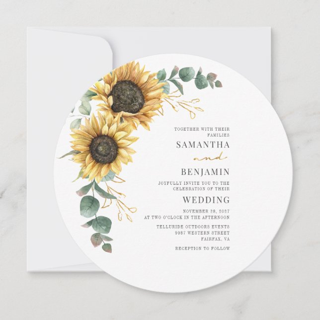Eukalyptus Floral Sonnenblumen Grüne Hochzeit Einladung (Vorderseite)